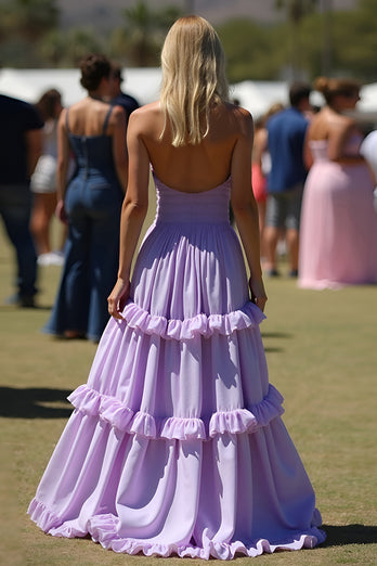 Lilac Ruffled Off the Shoulder Long Chiffon Formal Dress with slit