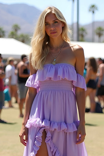 Lilac Ruffled Off the Shoulder Long Chiffon Formal Dress with slit