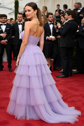 Tiered Lilac Strapless Long Gala Dress with Beading