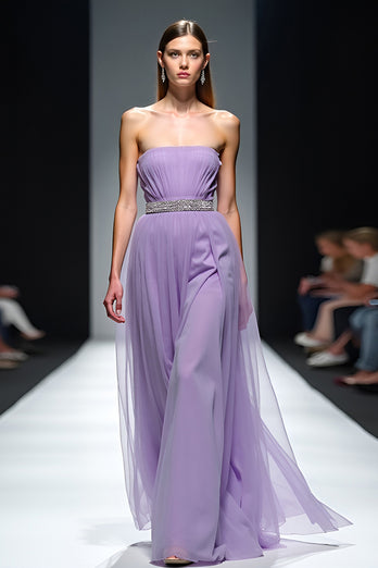 Lilac Strapless Ruched A Line Long Gala Dress