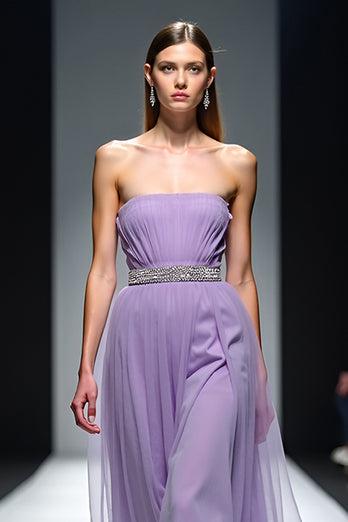 Lilac Strapless Ruched A Line Long Gala Dress