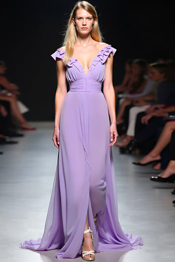 Lilac A Line V-Neck Flowy Chiffon Gala Dress with Ruffles