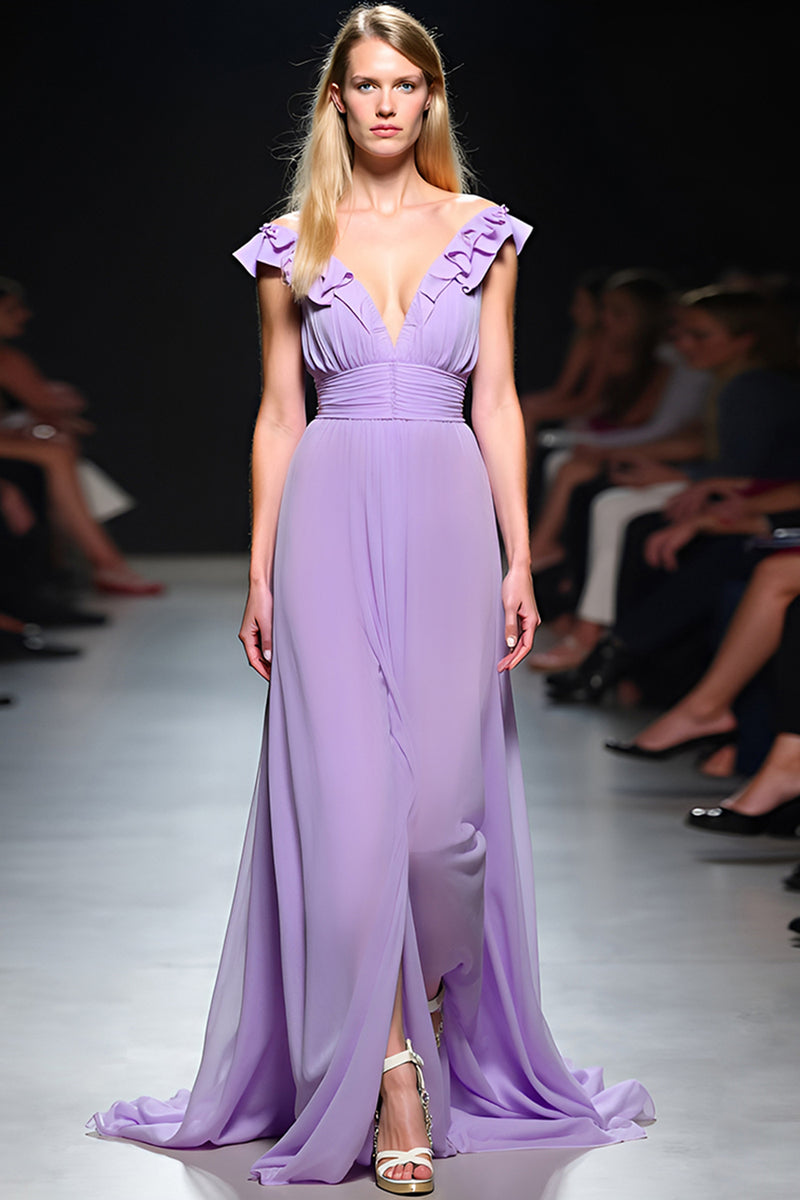 Load image into Gallery viewer, Lilac A Line V-Neck Flowy Chiffon Gala Dress with Ruffles