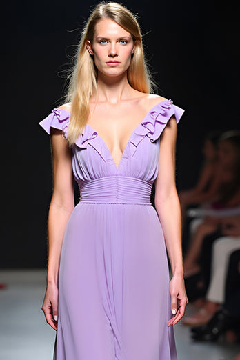 Lilac A Line V-Neck Flowy Chiffon Gala Dress with Ruffles