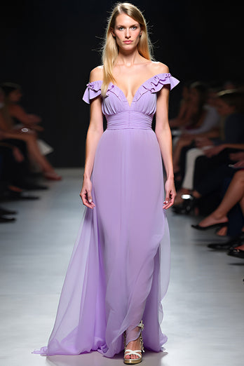 Lilac A Line V-Neck Flowy Chiffon Gala Dress with Ruffles