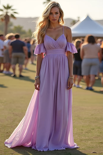 Lilac A Line Pleated Chiffon Formal Dress with Ruffles