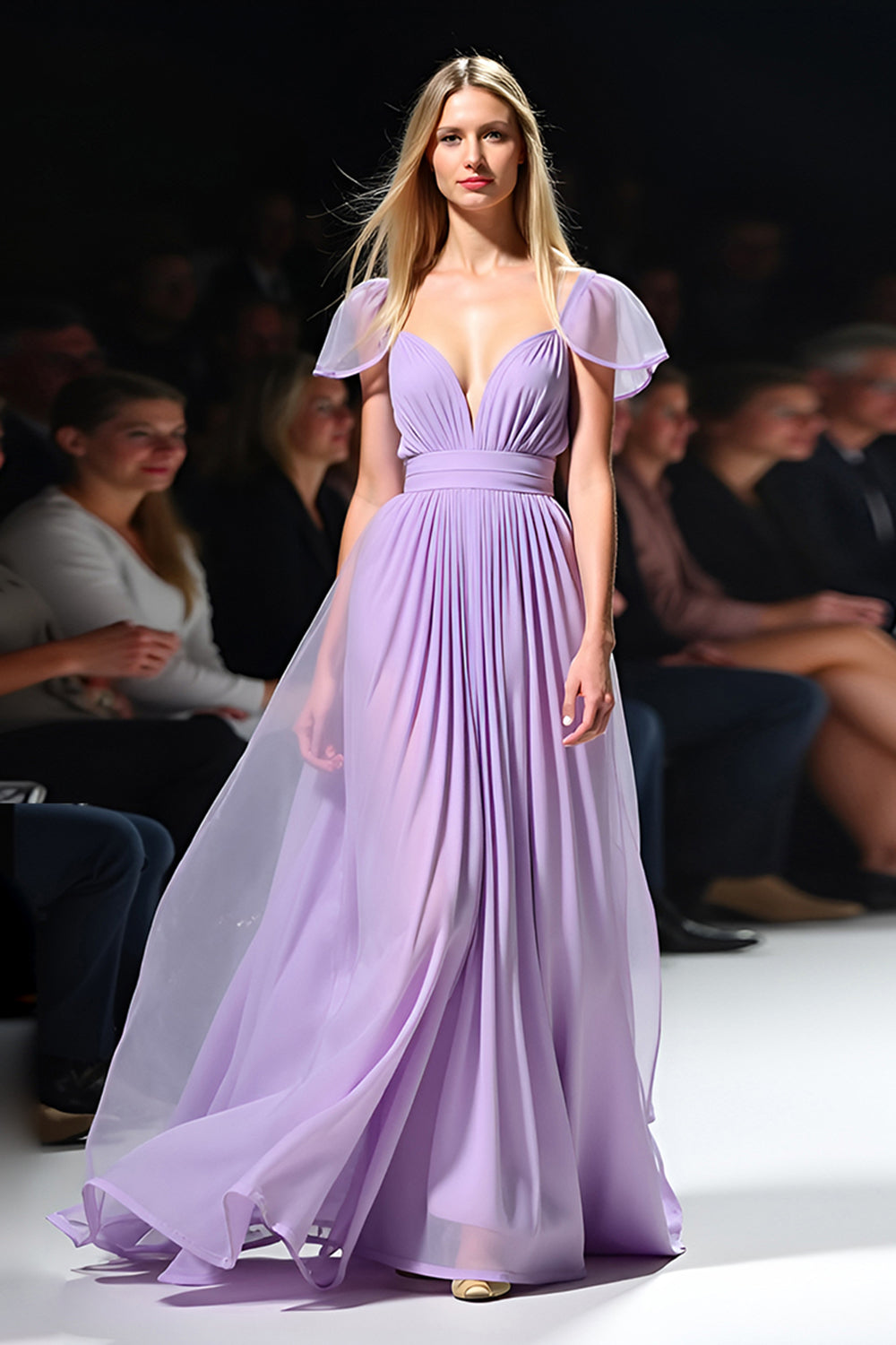 Lilac A Line V-Neck Pleated Flowy Tulle Formal Dress