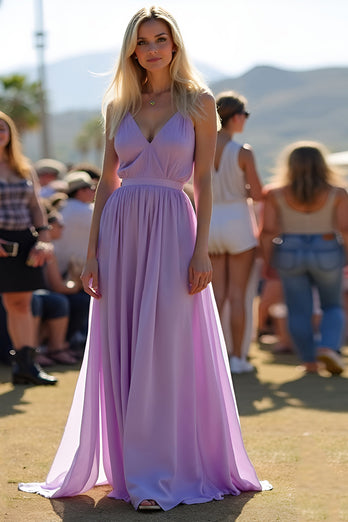 Lilac V-Neck Spaghetti Straps Ruched Flowy Chiffon Formal Dress