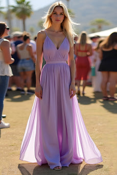 Lilac V-Neck Spaghetti Straps Ruched Flowy Chiffon Formal Dress