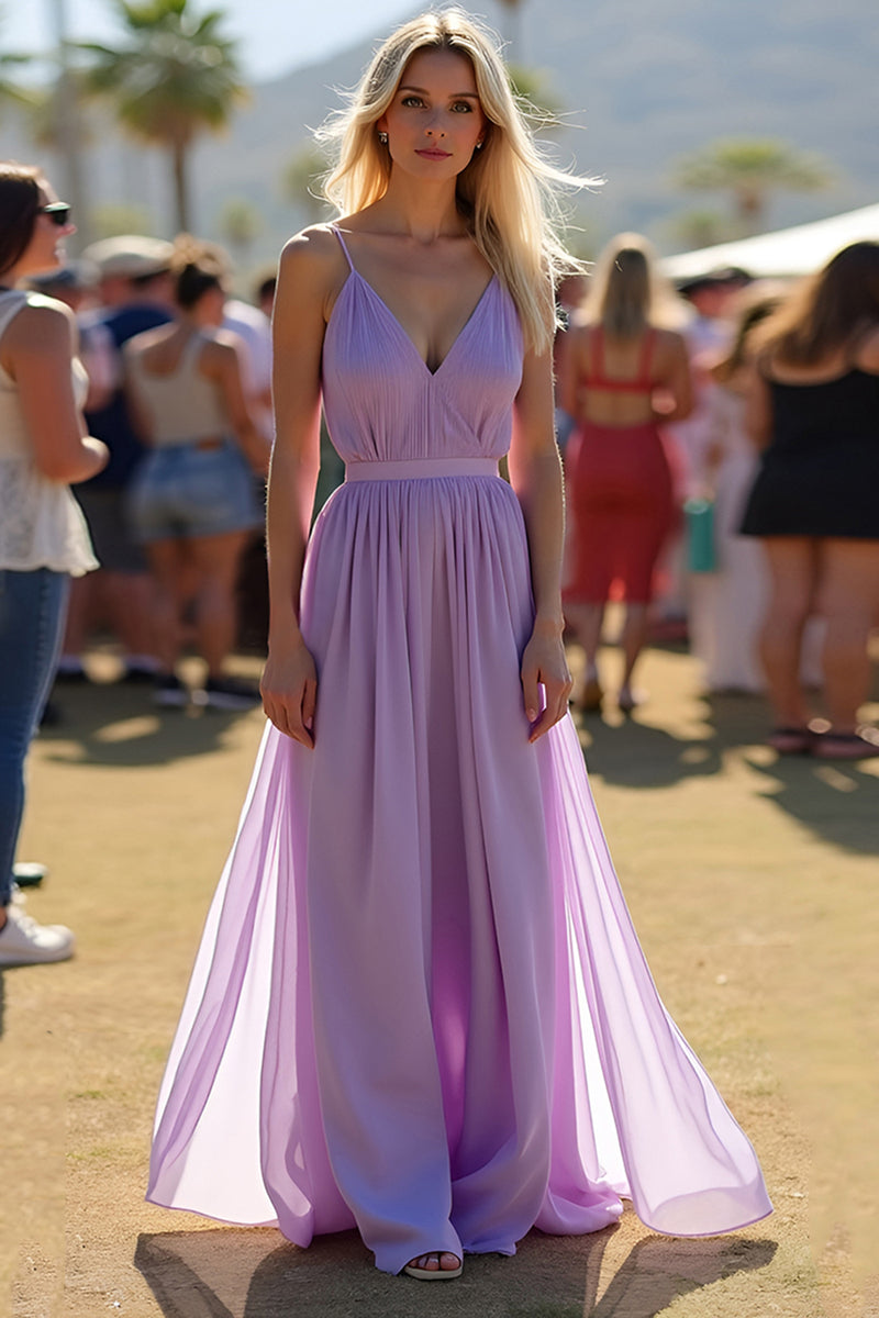 Load image into Gallery viewer, Lilac V-Neck Spaghetti Straps Ruched Flowy Chiffon Formal Dress