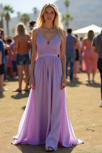 Lilac V-Neck Spaghetti Straps Ruched Flowy Chiffon Formal Dress