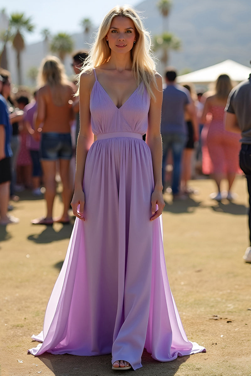 Load image into Gallery viewer, Lilac V-Neck Spaghetti Straps Ruched Flowy Chiffon Formal Dress