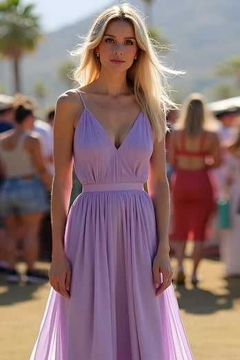 Lilac V-Neck Spaghetti Straps Ruched Flowy Chiffon Formal Dress