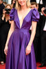 Load image into Gallery viewer, A Line Dark Purple Ruched Long Gala Dress with Puff Sleeves