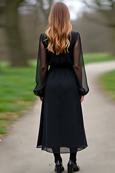 Black Scoop Column Formal Dress with Long Sleeves