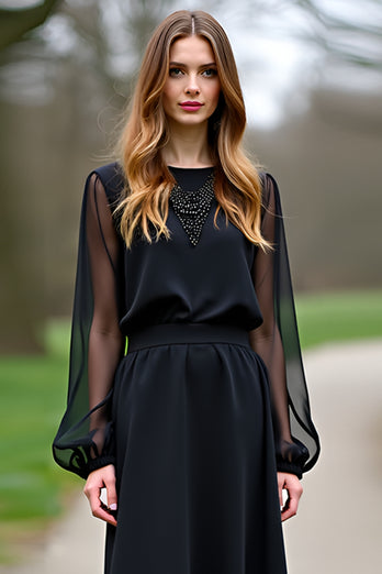 Black Scoop Column Formal Dress with Long Sleeves