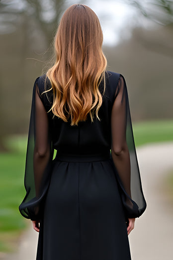 Black Scoop Column Formal Dress with Long Sleeves