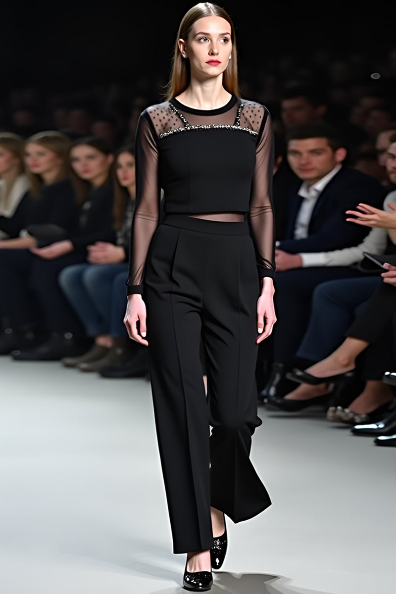 Load image into Gallery viewer, Black Scoop Column Gala Jumpsuit with Long Sleeves