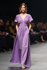 Load image into Gallery viewer, Purple A Line Ruched Satin Long Gala Dress with Short Sleeves