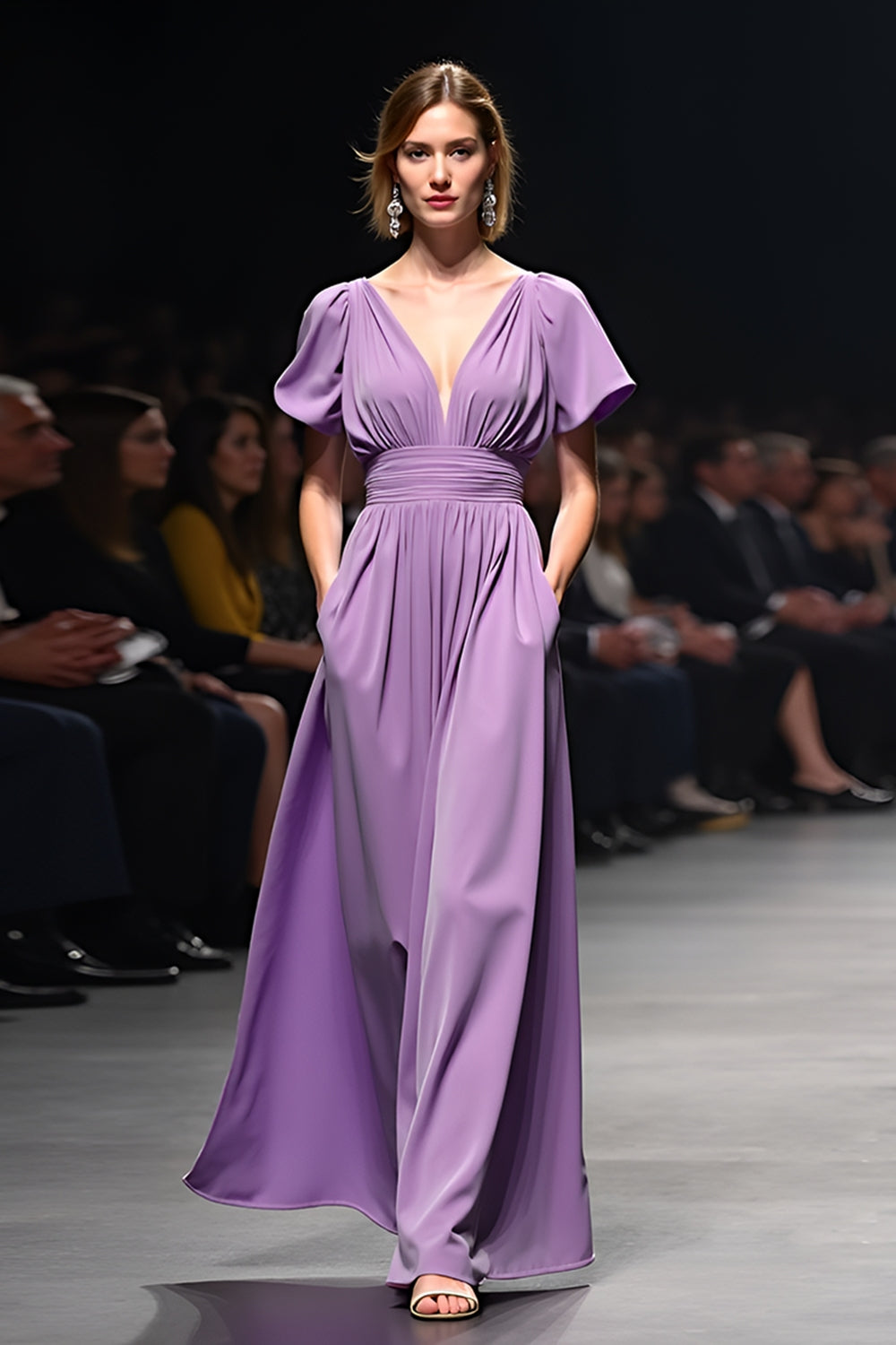 Purple A Line Ruched Satin Long Gala Dress with Short Sleeves