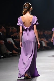 Purple A Line Ruched Satin Long Gala Dress with Short Sleeves