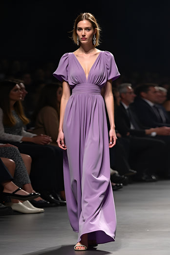 Purple A Line Ruched Satin Long Gala Dress with Short Sleeves