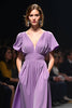 Load image into Gallery viewer, Purple A Line Ruched Satin Long Gala Dress with Short Sleeves