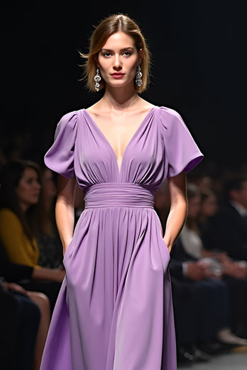 Purple A Line Ruched Satin Long Gala Dress with Short Sleeves