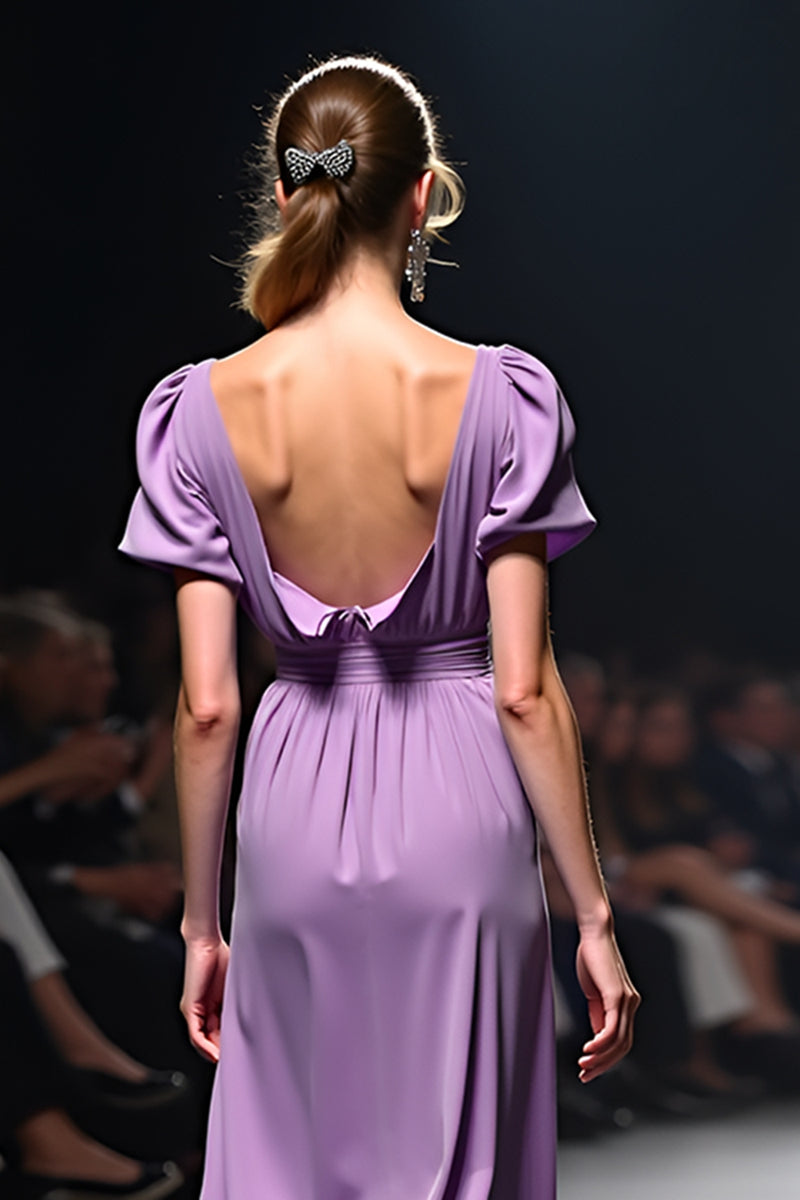 Load image into Gallery viewer, Purple A Line Ruched Satin Long Gala Dress with Short Sleeves