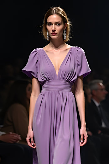 Purple A Line Ruched Satin Long Gala Dress with Short Sleeves