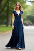 Load image into Gallery viewer, A Line Navy Short Sleeves Long Mother of the Bride Dress