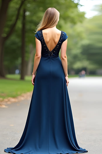 A Line Navy Short Sleeves Long Mother of the Bride Dress