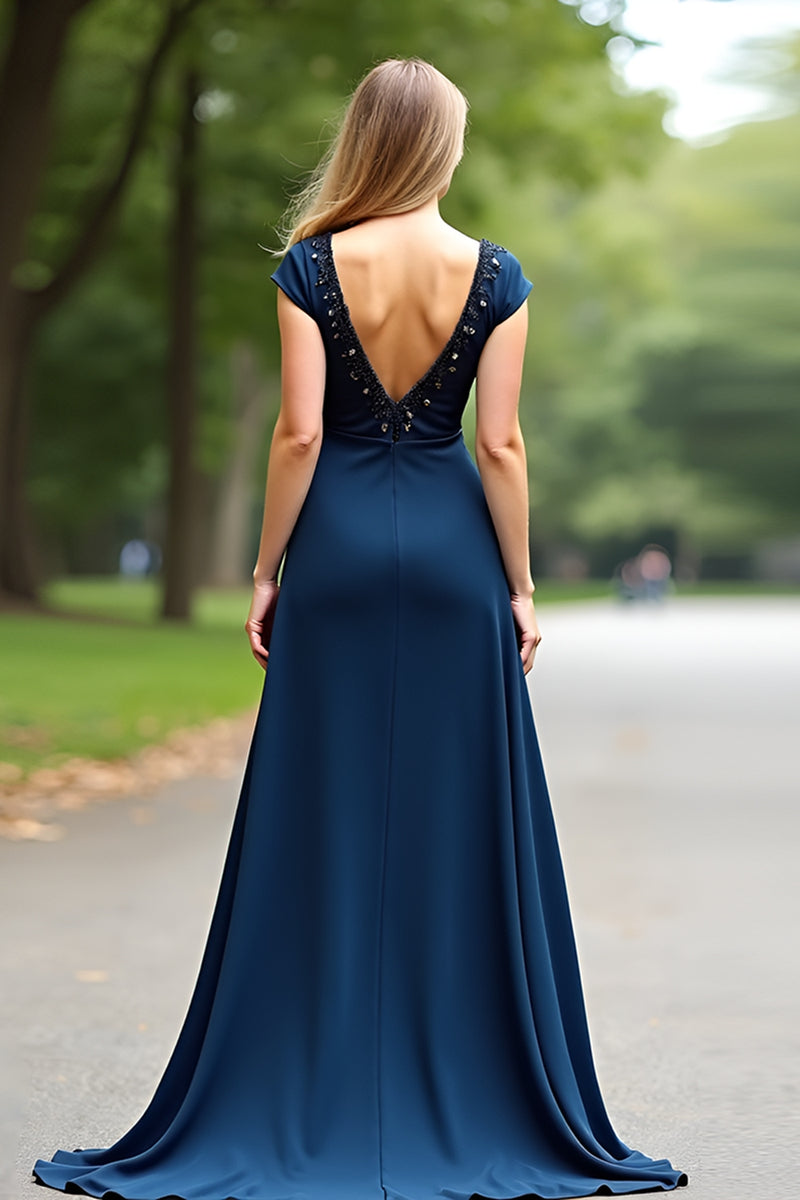 Load image into Gallery viewer, A Line Navy Short Sleeves Long Mother of the Bride Dress