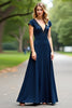 Load image into Gallery viewer, A Line Navy Short Sleeves Long Mother of the Bride Dress