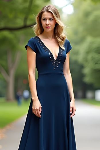 A Line Navy Short Sleeves Long Mother of the Bride Dress