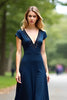 Load image into Gallery viewer, A Line Navy Short Sleeves Long Mother of the Bride Dress