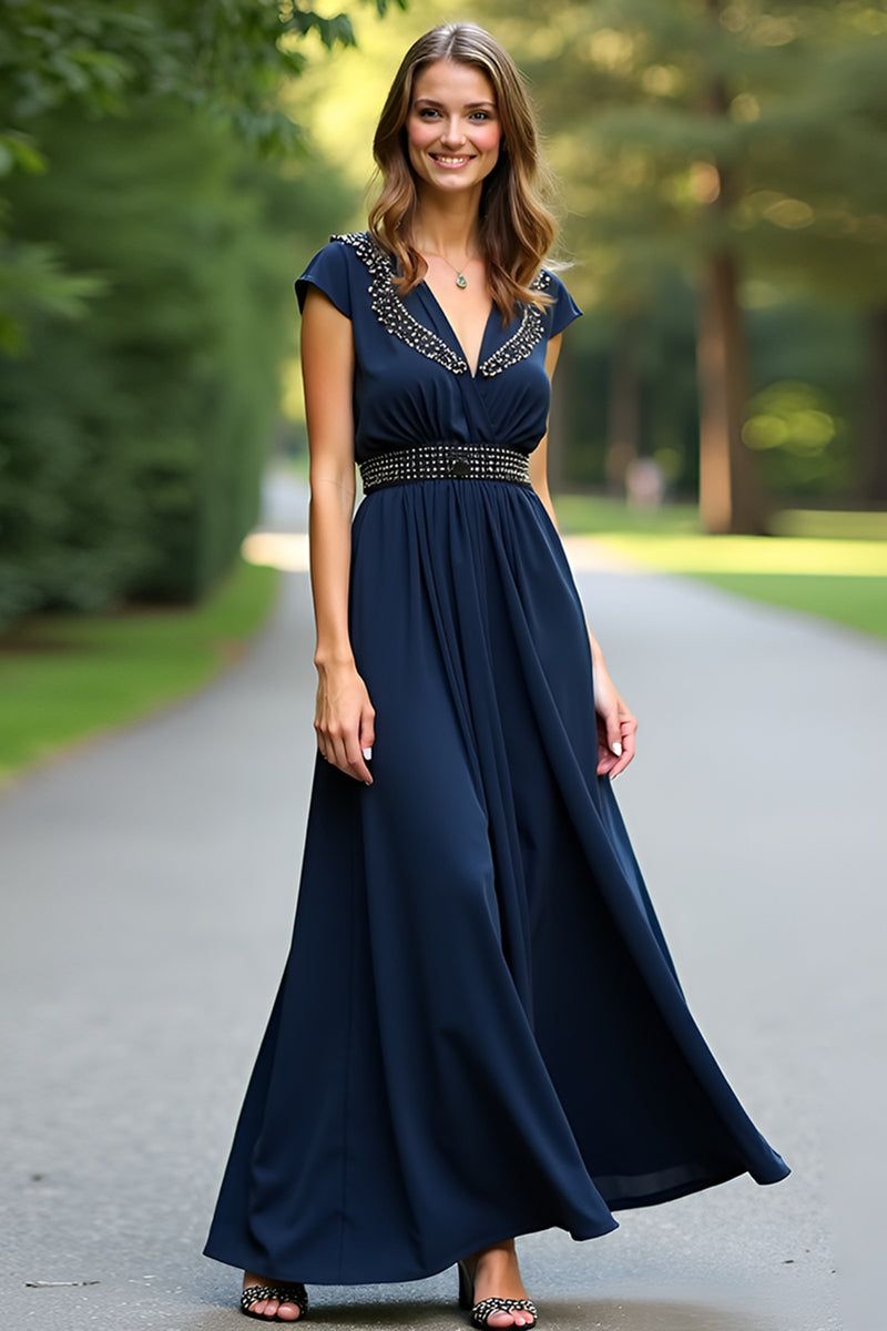 Load image into Gallery viewer, Beaded Navy A Line Long Formal Dress with Cap Sleeves