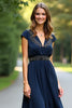 Load image into Gallery viewer, Beaded Navy A Line Long Formal Dress with Cap Sleeves