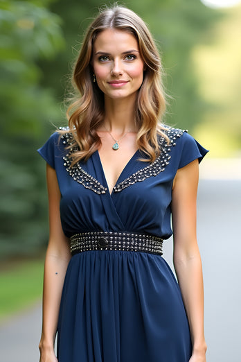 Beaded Navy A Line Long Formal Dress with Cap Sleeves