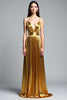 Load image into Gallery viewer, Golden Metallic Deep V-Neck Pleated Long Prom Dress