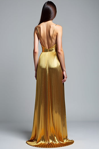 Golden Metallic Deep V-Neck Pleated Long Prom Dress