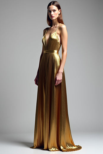 Golden Metallic Deep V-Neck Pleated Long Prom Dress