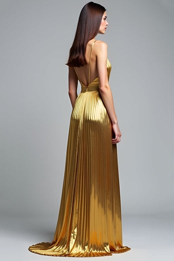 Golden Metallic Deep V-Neck Pleated Long Prom Dress