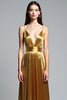 Load image into Gallery viewer, Golden Metallic Deep V-Neck Pleated Long Prom Dress