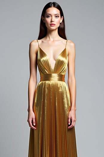 Golden Metallic Deep V-Neck Pleated Long Prom Dress