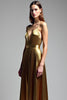 Load image into Gallery viewer, Golden Metallic Deep V-Neck Pleated Long Prom Dress