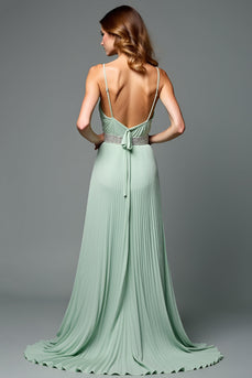 Green A Line Deep V-Neck Pleated Long Prom Dress