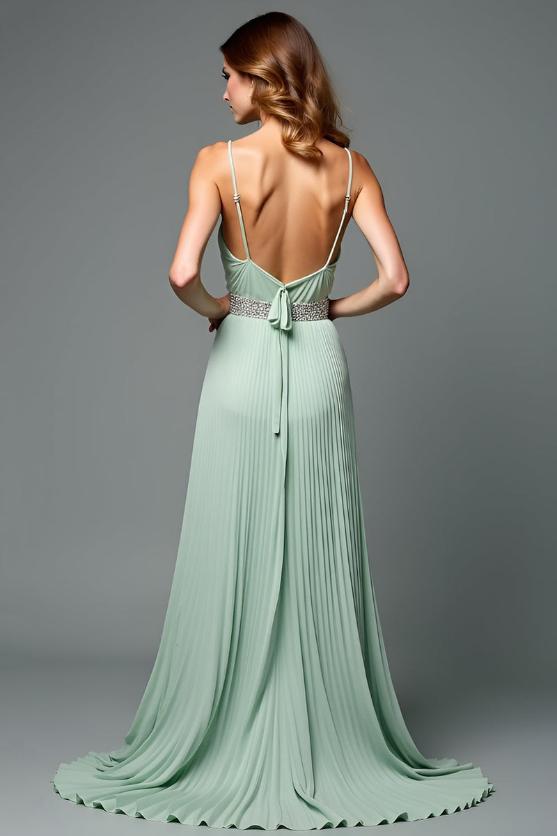 Load image into Gallery viewer, Green A Line Deep V-Neck Pleated Long Prom Dress