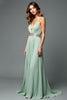 Load image into Gallery viewer, Green A Line Deep V-Neck Pleated Long Prom Dress