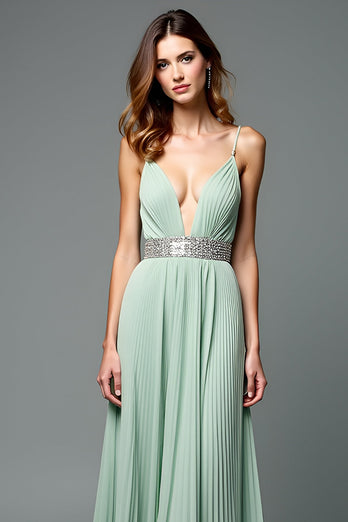 Green A Line Deep V-Neck Pleated Long Prom Dress